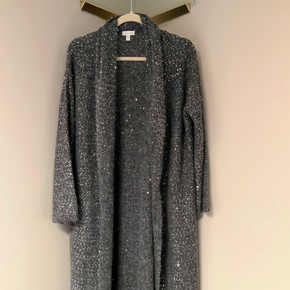 Garnet Hill Grey L Shawl Collar Sequin Duster Sparkle Alpine Scandi Girl